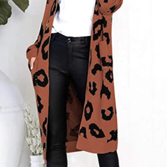 Leopard Print Sweater Cardigan Duster w/ Pockets - Picture 4 of 5